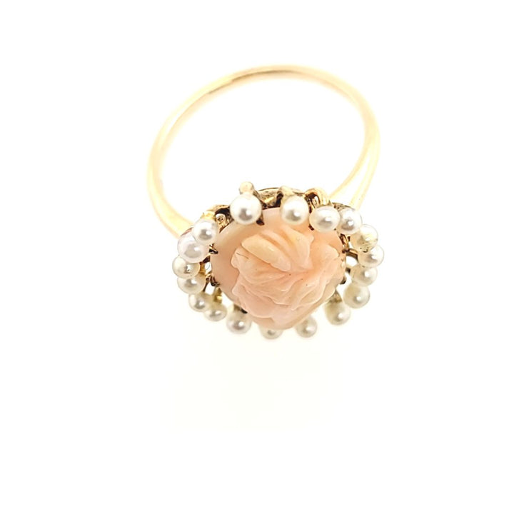 Carved Coral and Seed Pearl Ring