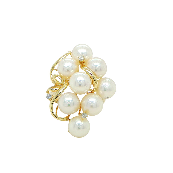 14K Yellow Gold Pearl Cluster Diamond Ring
