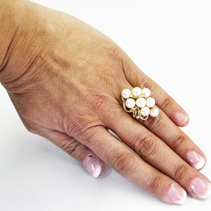 14K Yellow Gold Pearl Cluster Diamond Ring