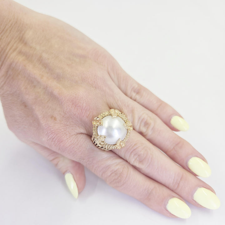 14K Yellow Gold Mabé Cultured Pearl Leaf Ring