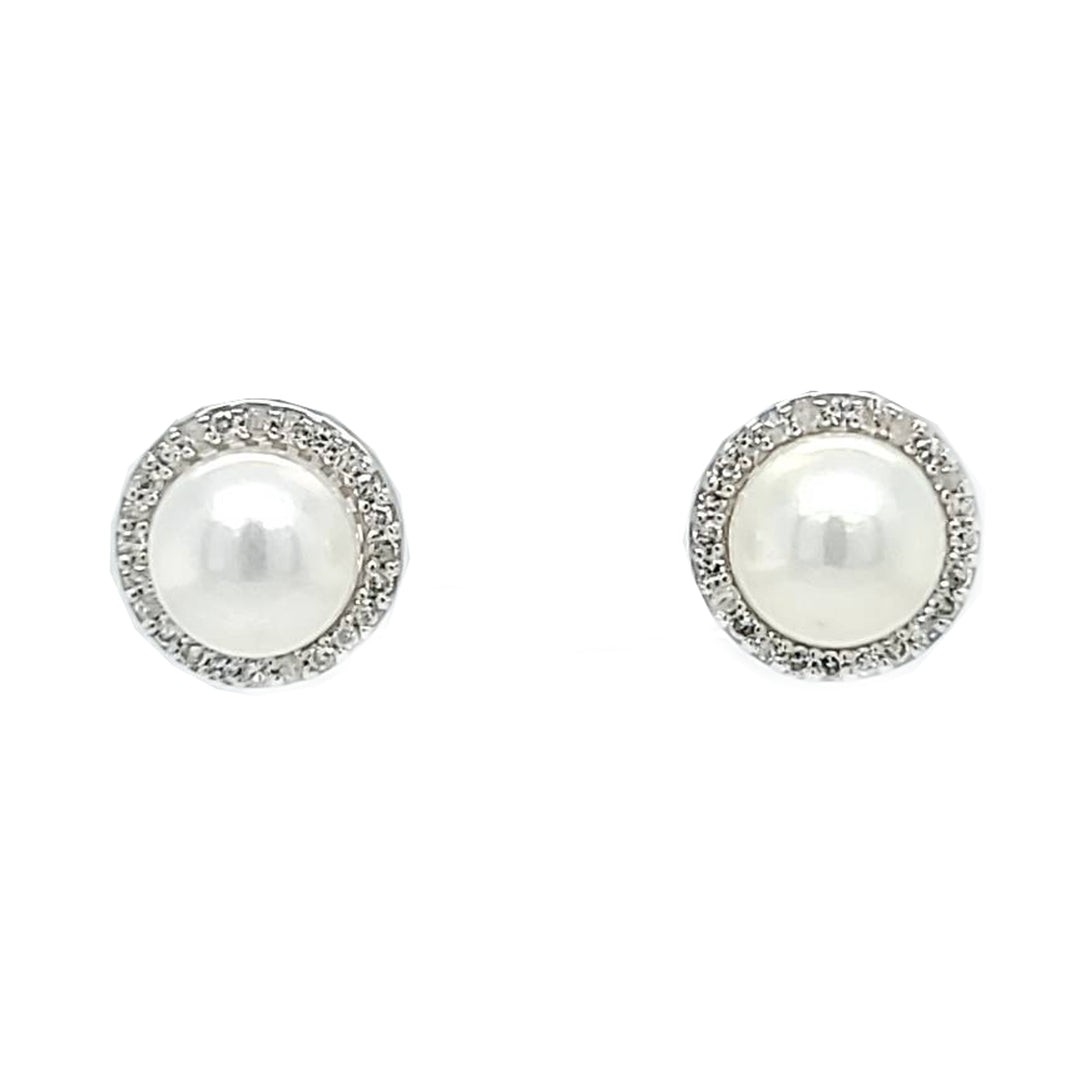 Pearl and Diamond Halo Stud Earrings