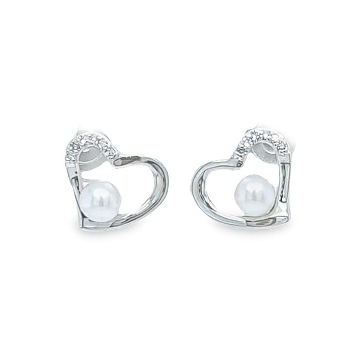 Pearl and Diamond Heart Stud Earrings