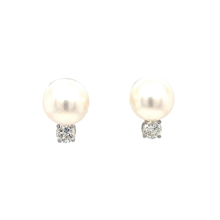 14K White Gold 9mm Pearl Diamond Stud Earrings