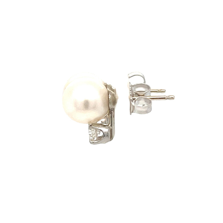 14K White Gold 9mm Pearl Diamond Stud Earrings
