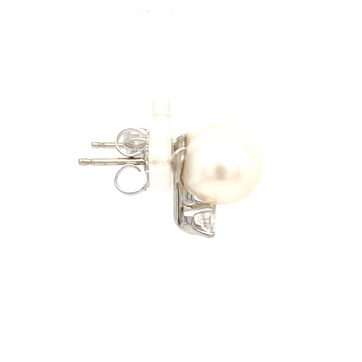 14K White Gold 9mm Pearl Diamond Stud Earrings