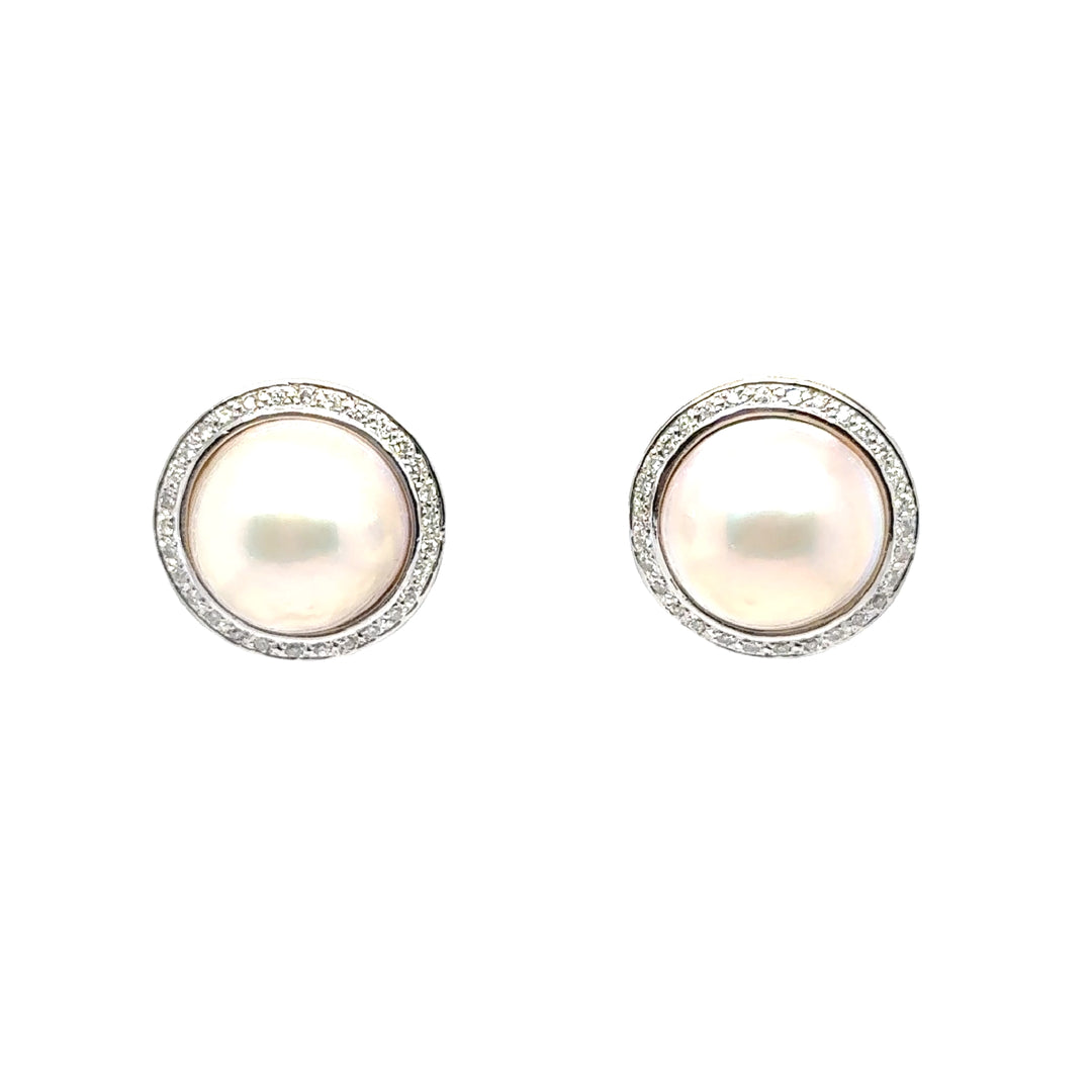 14K Two Tone Gold Mabe Pearl Diamond Stud Earrings