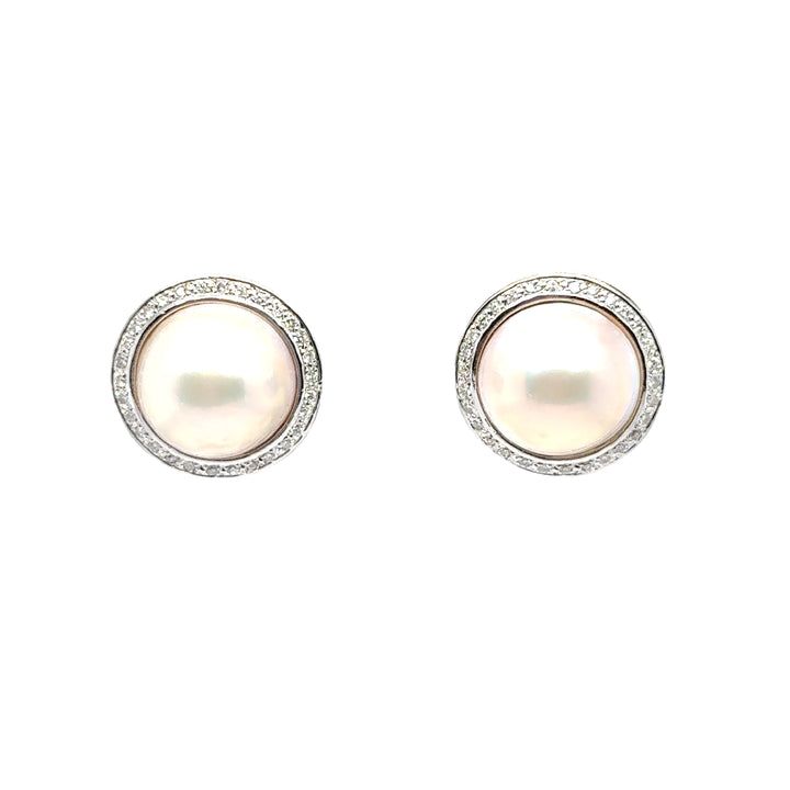14K Two Tone Gold Mabe Pearl Diamond Stud Earrings