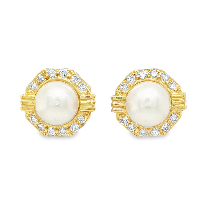 18K Yellow Gold Pearl & Diamond Stud Earrings