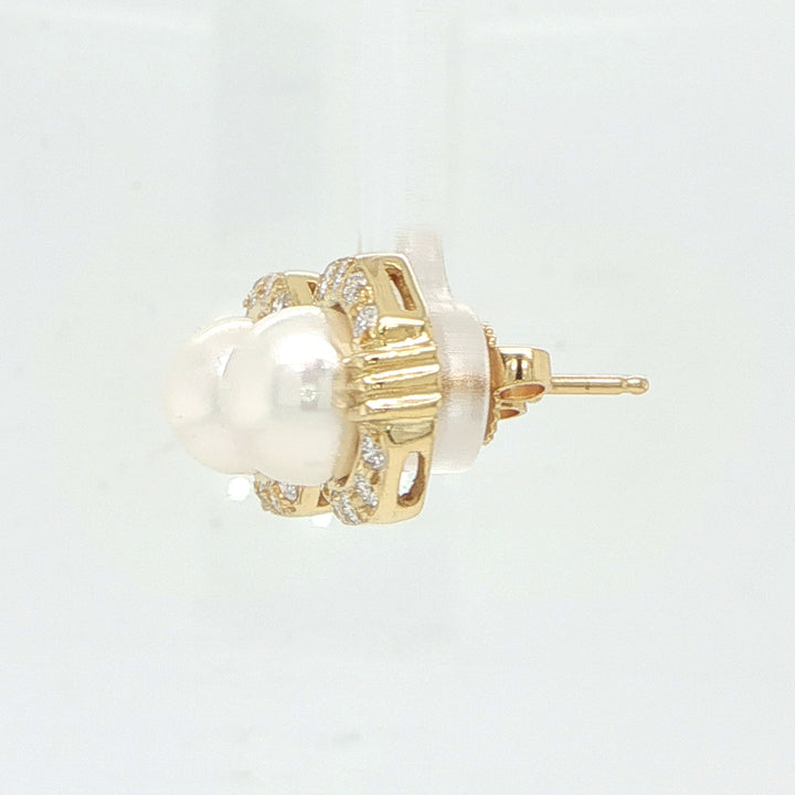 18K Yellow Gold Pearl & Diamond Stud Earrings