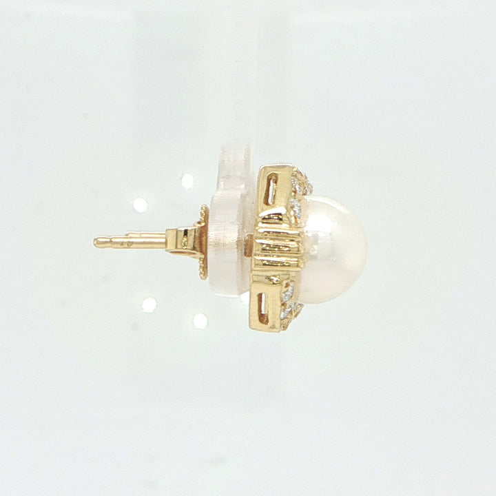 18K Yellow Gold Pearl & Diamond Stud Earrings