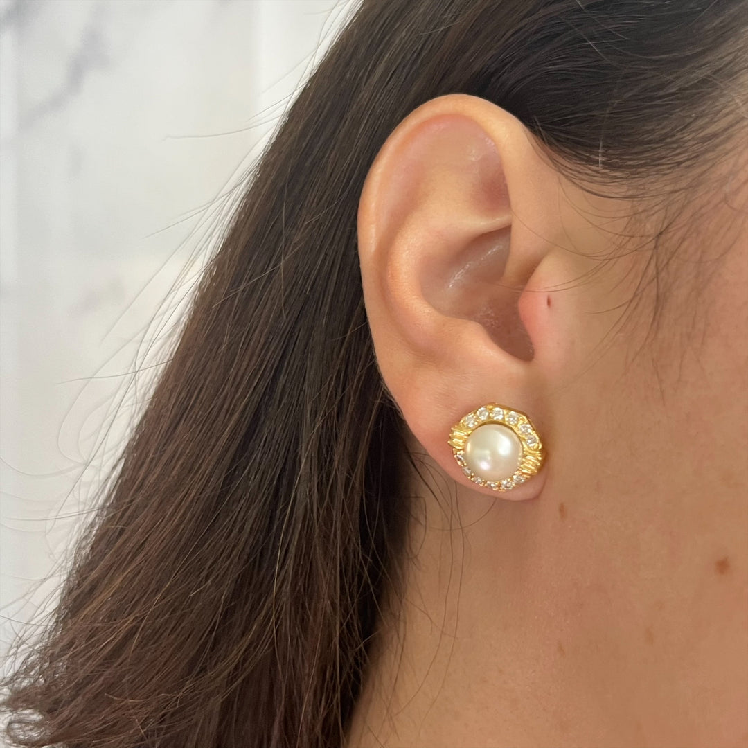 18K Yellow Gold Pearl & Diamond Stud Earrings