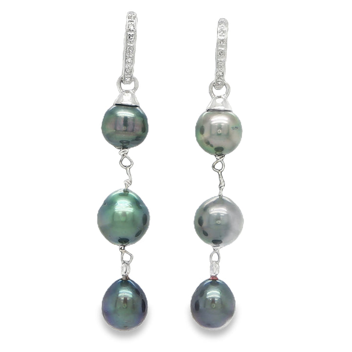 14K White Gold Tahitian Pearl & Diamond Drop Huggie Earrings