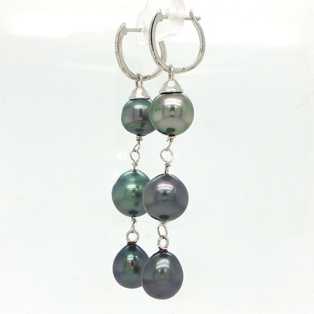 14K White Gold Tahitian Pearl & Diamond Drop Huggie Earrings