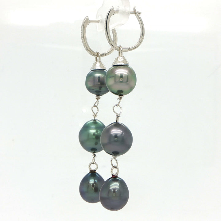 14K White Gold Tahitian Pearl & Diamond Drop Huggie Earrings