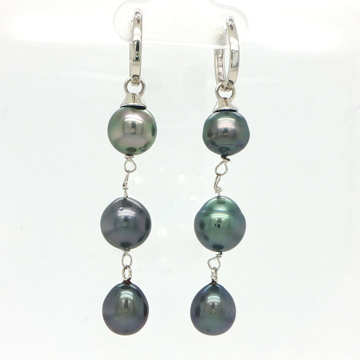 14K White Gold Tahitian Pearl & Diamond Drop Huggie Earrings