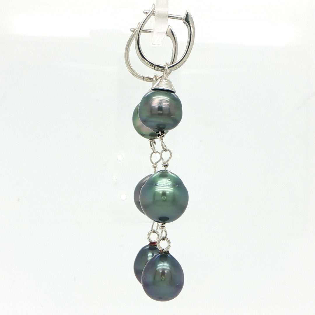 14K White Gold Tahitian Pearl & Diamond Drop Huggie Earrings