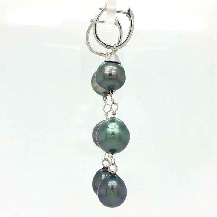 14K White Gold Tahitian Pearl & Diamond Drop Huggie Earrings