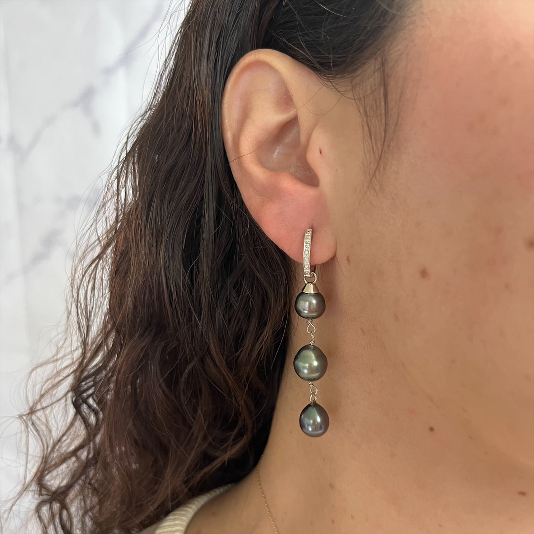 14K White Gold Tahitian Pearl & Diamond Drop Huggie Earrings