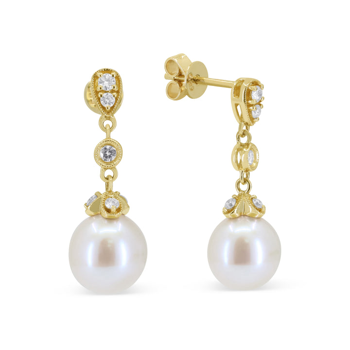 14K Yellow Gold Pearl & Diamond Drop Earrings
