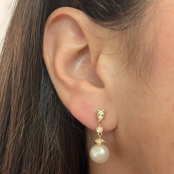 14K Yellow Gold Pearl & Diamond Drop Earrings