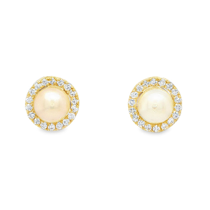 14K Yellow Gold Diamond & Cultured Pearl Halo Stud Earrings
