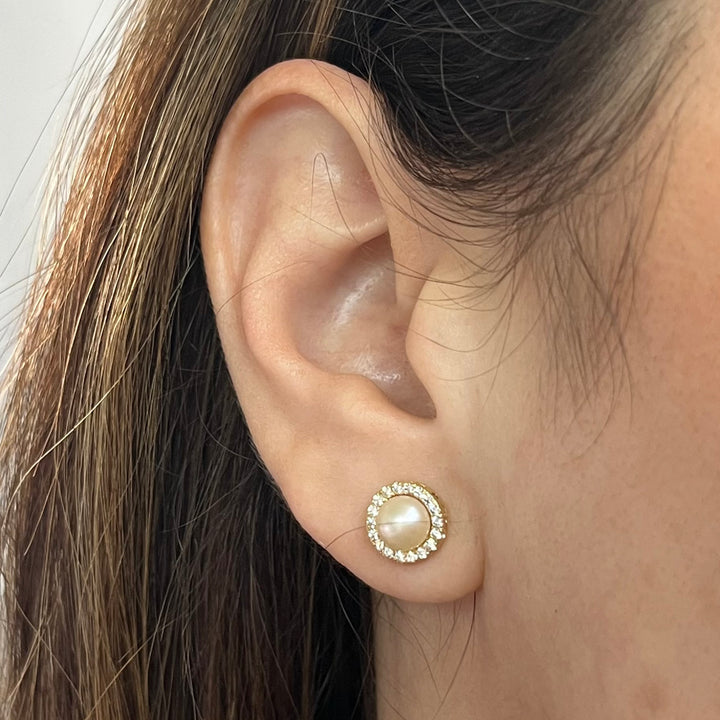 14K Yellow Gold Diamond & Cultured Pearl Halo Stud Earrings