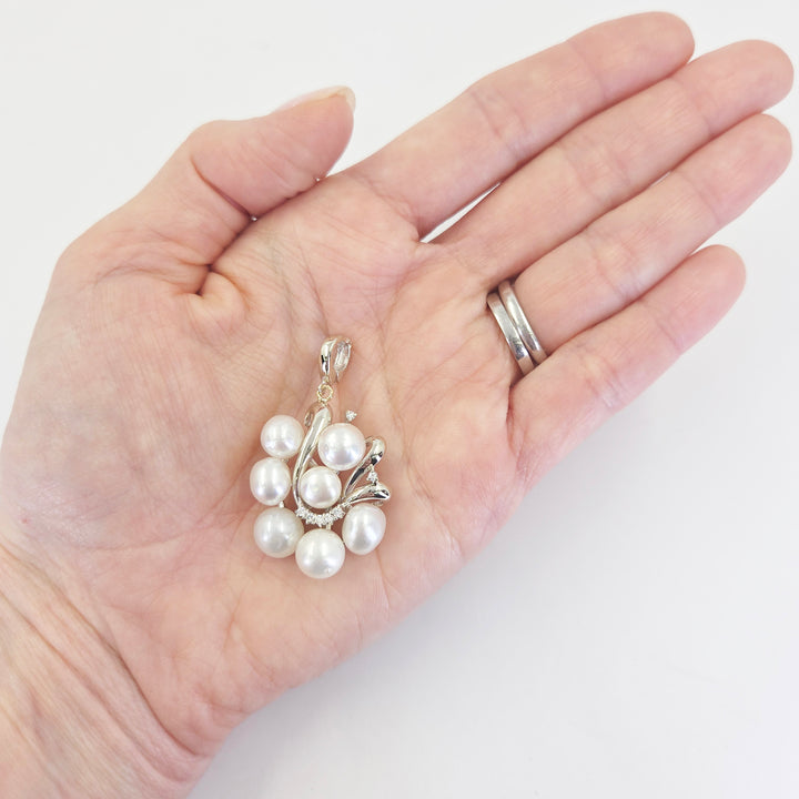 14K White Gold Pearl & Diamond Cluster Pendant