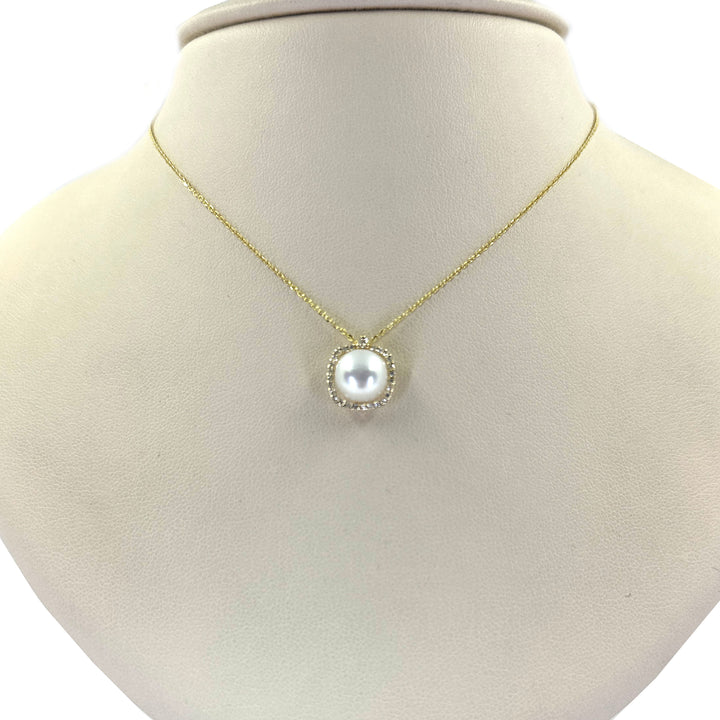 8mm Pearl and Diamond Halo Pendant Necklace