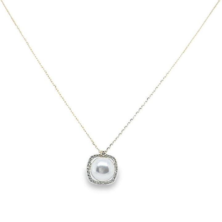 8mm Pearl and Diamond Halo Pendant Necklace