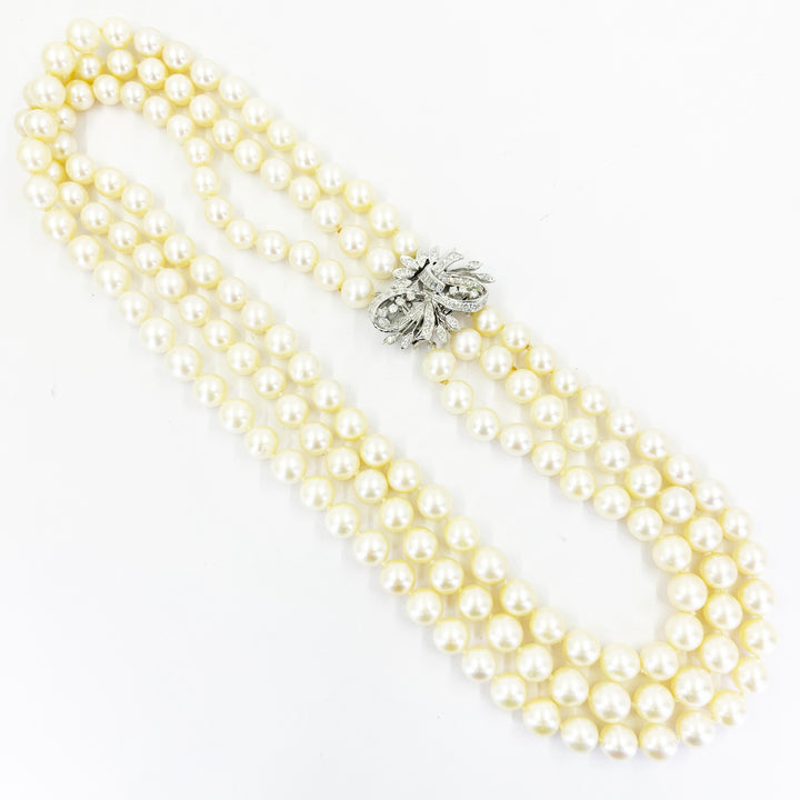 14K White Gold Three-Strand Pearl & Diamond Necklace