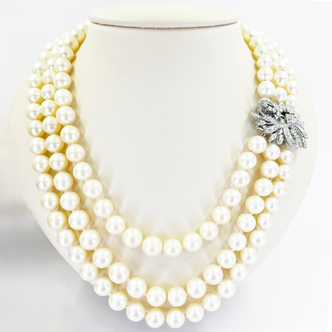 14K White Gold Three-Strand Pearl & Diamond Necklace