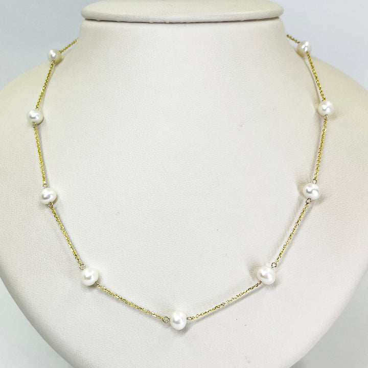 14K Yellow Gold Freshwater Pearl Station Necklace