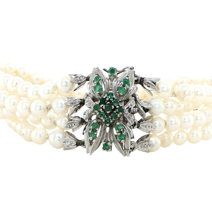 18K White Gold 4 Strand Pearl Emerald Bracelet