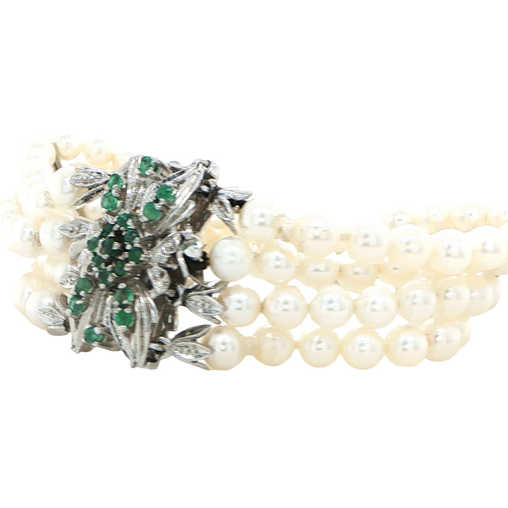 18K White Gold 4 Strand Pearl Emerald Bracelet