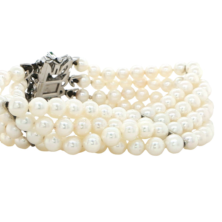 18K White Gold 4 Strand Pearl Emerald Bracelet