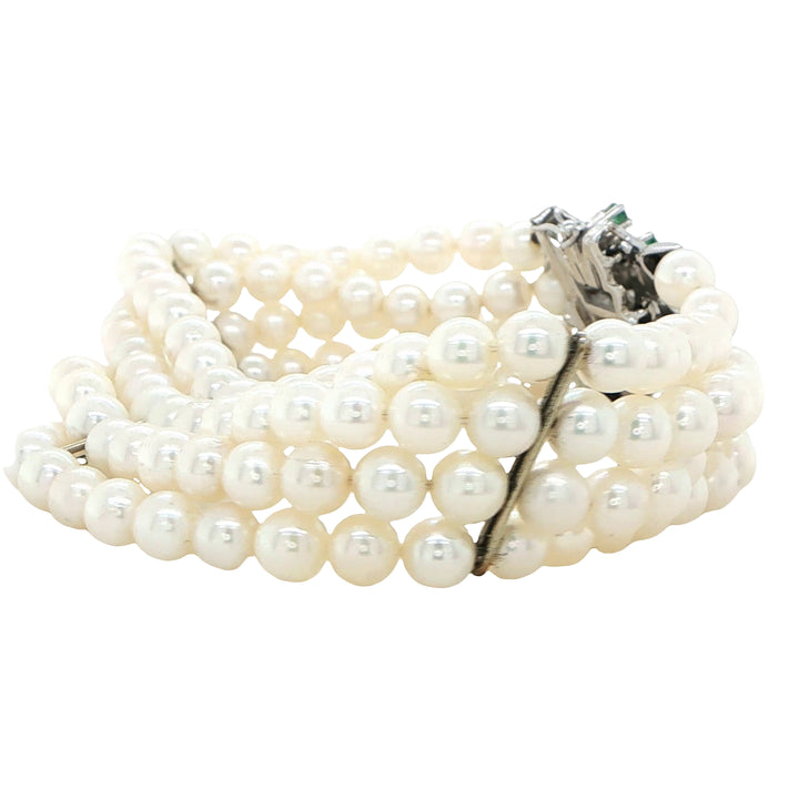 18K White Gold 4 Strand Pearl Emerald Bracelet