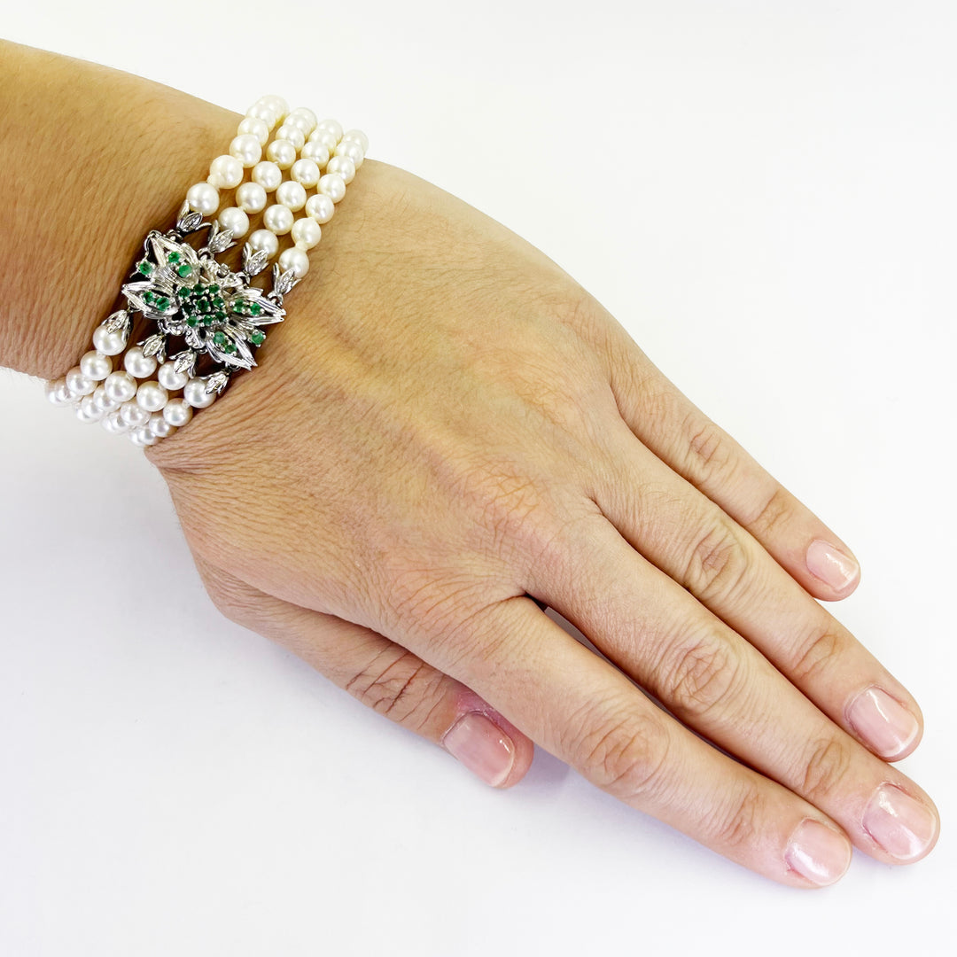 18K White Gold 4 Strand Pearl Emerald Bracelet