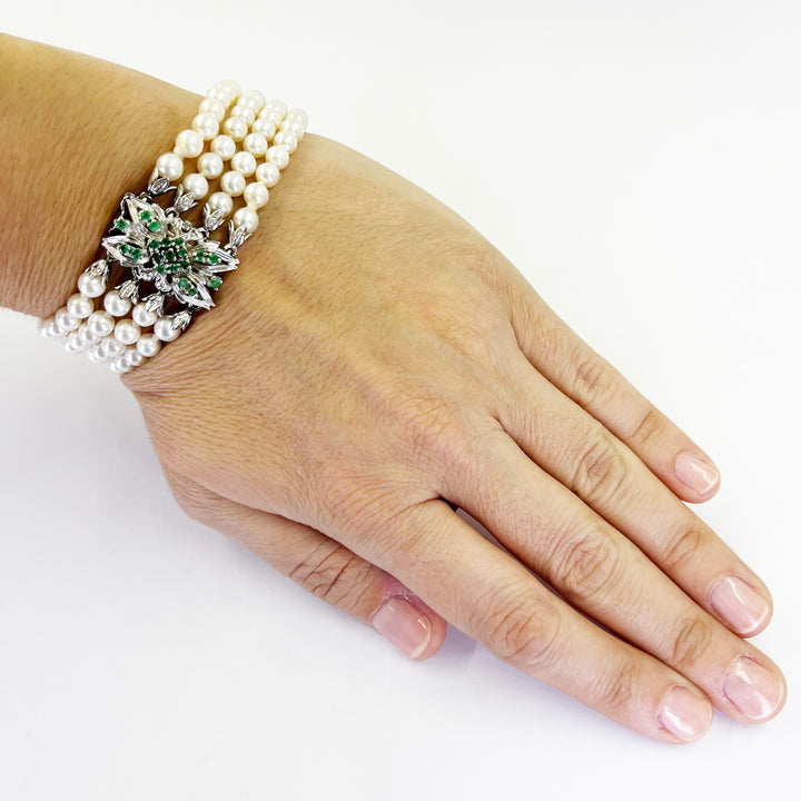 18K White Gold 4 Strand Pearl Emerald Bracelet