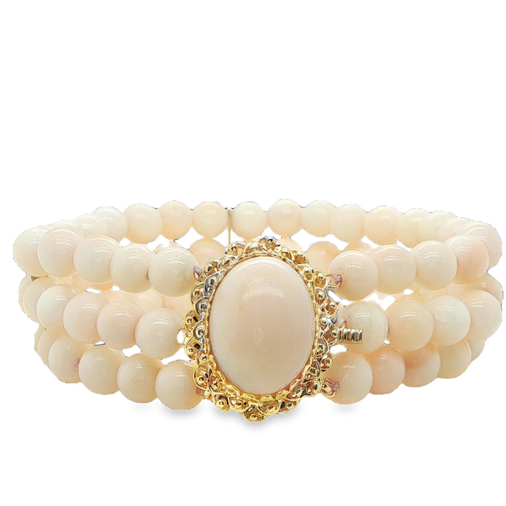 14K Yellow Gold Three Row Angel Skin Coral Bracelet