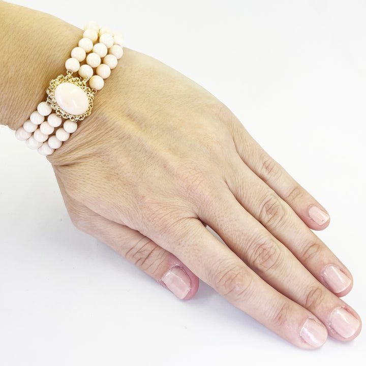 14K Yellow Gold Three Row Angel Skin Coral Bracelet