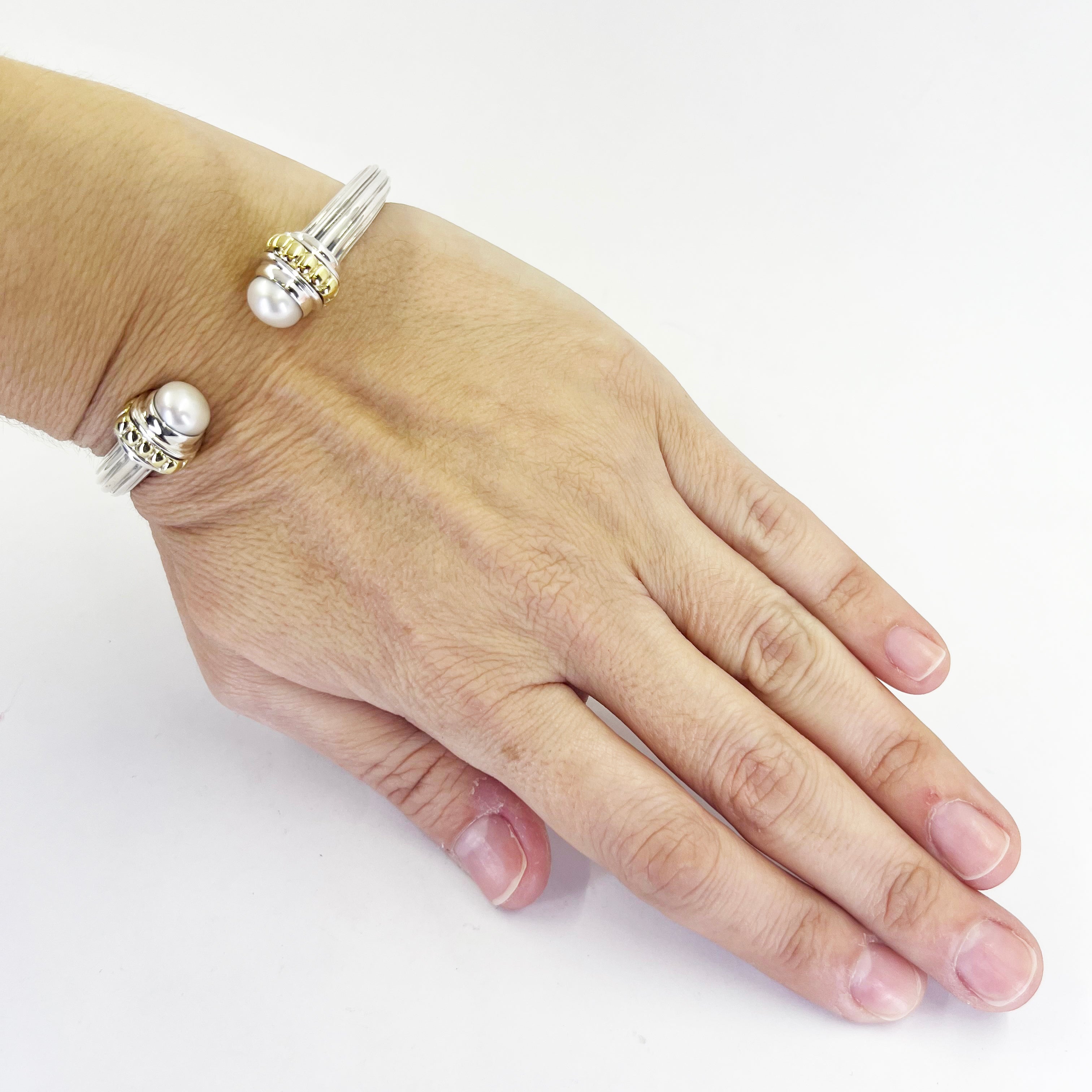 LAGOS Caviar Gold Silver Pearl Hinged Bangle Coral Gables Jae's