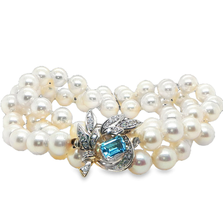 14K White Gold Three Strand Pearl Diamond & Blue Topaz Bracelet