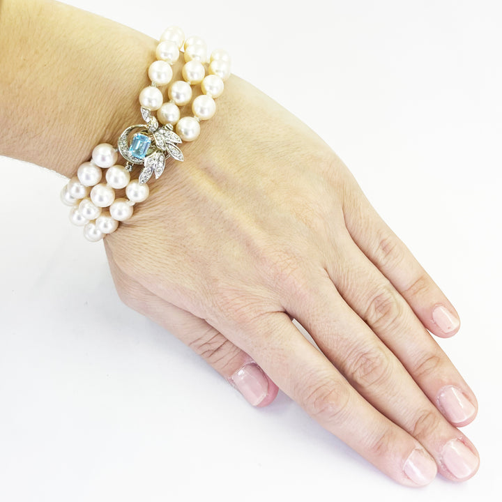 14K White Gold Three Strand Pearl Diamond & Blue Topaz Bracelet