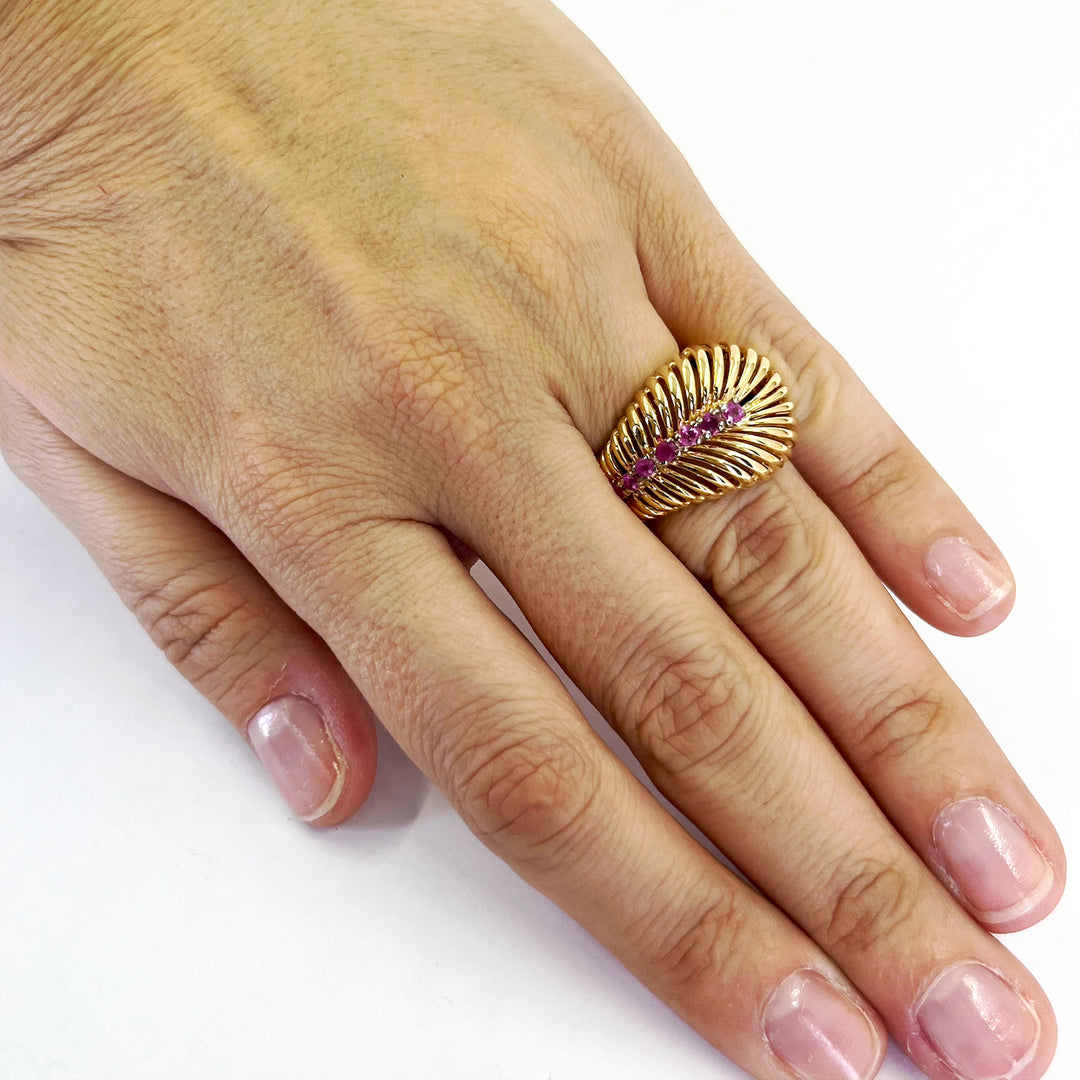 14K Yellow Gold Pink Sapphire Feather Ring