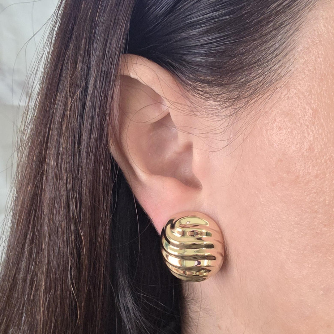 14K Yellow Gold Ribbed Dome Earrings