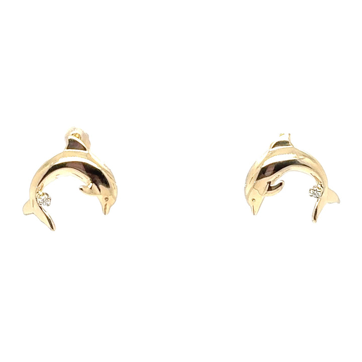 14K Yellow Gold Dolphin Diamond Earrings