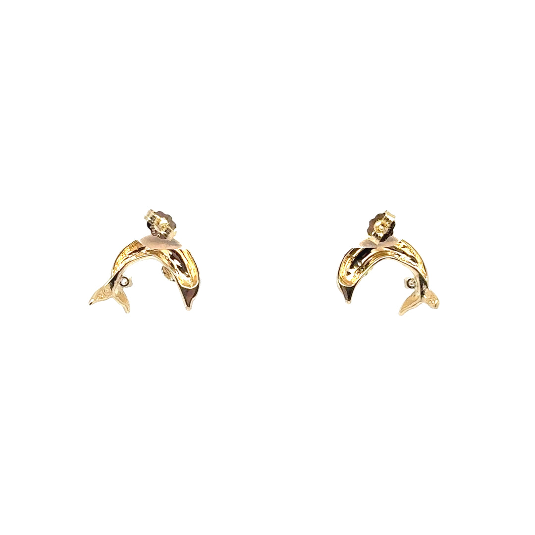 14K Yellow Gold Dolphin Diamond Earrings