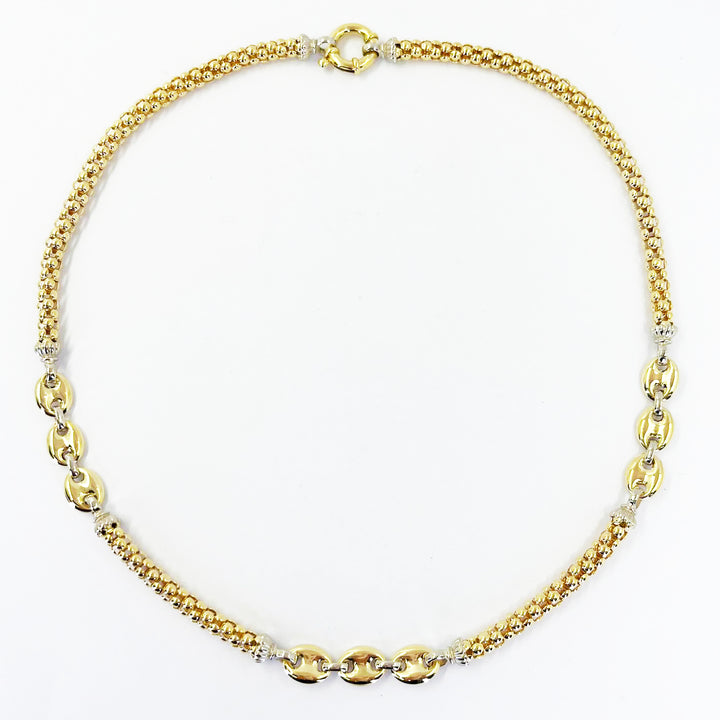 18K Yellow Gold 5mm Popcorn Chain Necklace with White Gold Stations