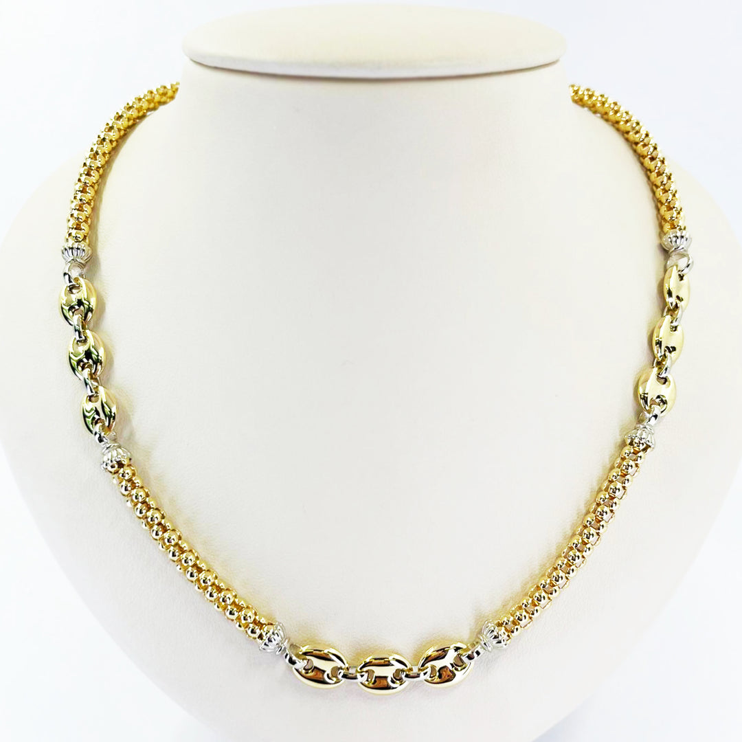 18K Yellow Gold 5mm Popcorn Chain Necklace with White Gold Stations