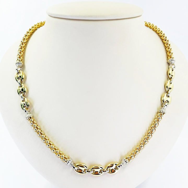 18K Yellow Gold 5mm Popcorn Chain Necklace with White Gold Stations